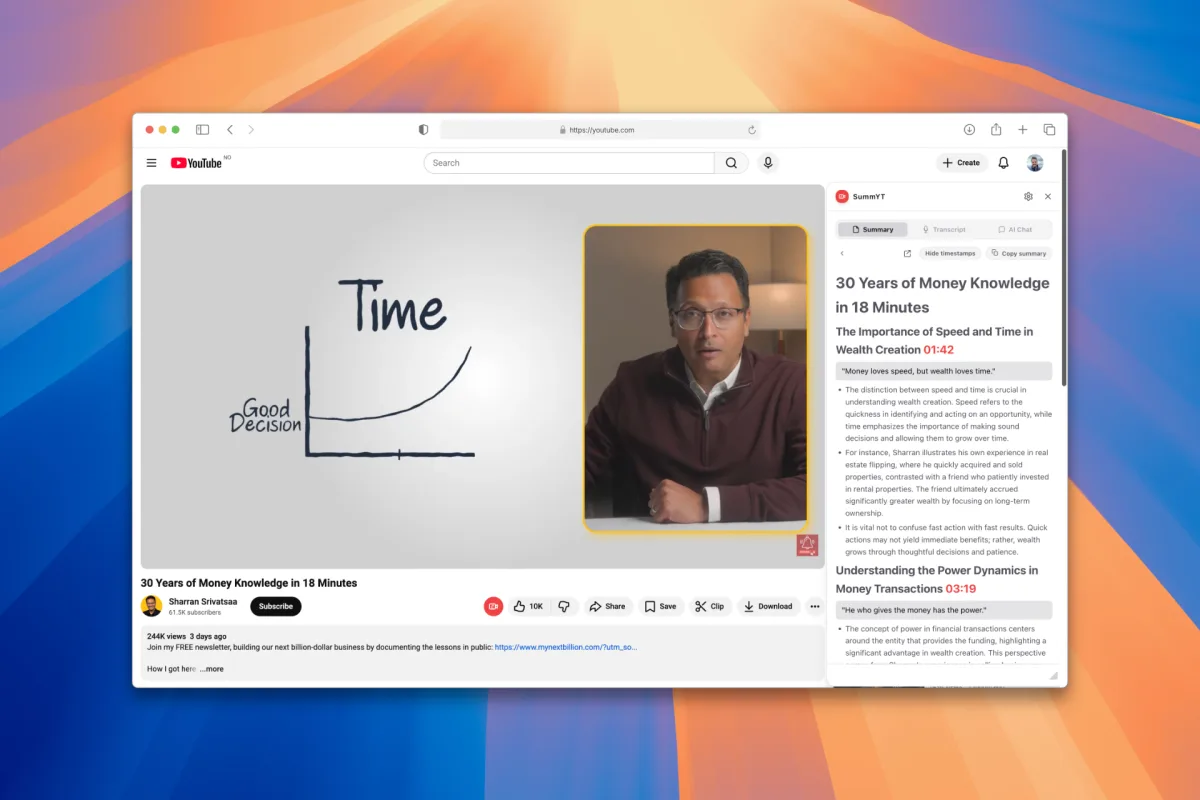 Laptop on a desk showing a YouTube video with the SummYT side panel open for summary, transcript, and chat.